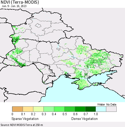 Ukraine, Moldova and Belarus NDVI (Terra-MODIS) Thematic Map For 1/9/2023 - 1/16/2023
