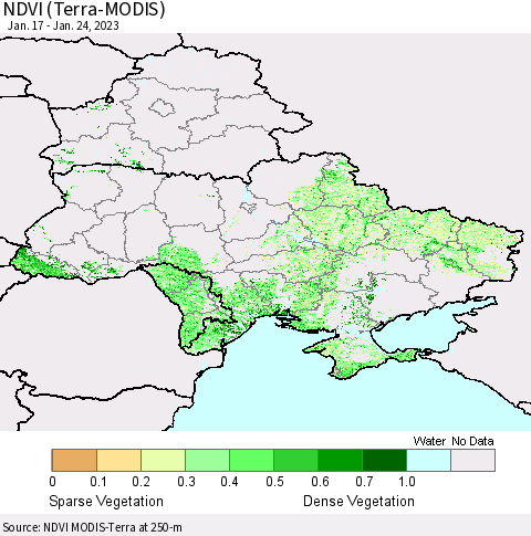 Ukraine, Moldova and Belarus NDVI (Terra-MODIS) Thematic Map For 1/17/2023 - 1/24/2023