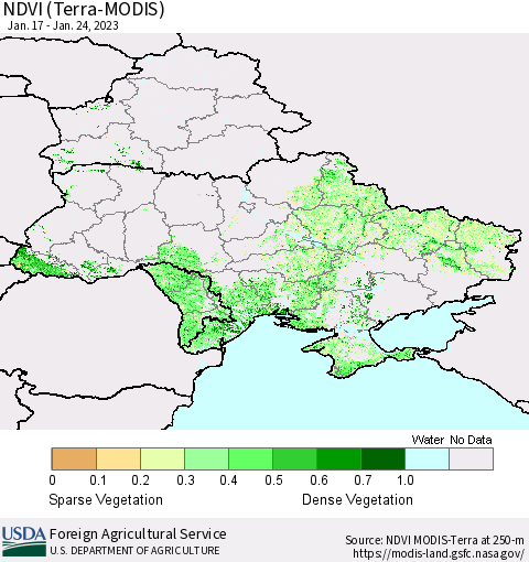 Ukraine, Moldova and Belarus NDVI (Terra-MODIS) Thematic Map For 1/21/2023 - 1/31/2023