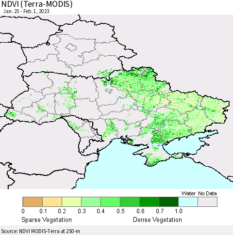 Ukraine, Moldova and Belarus NDVI (Terra-MODIS) Thematic Map For 1/25/2023 - 2/1/2023