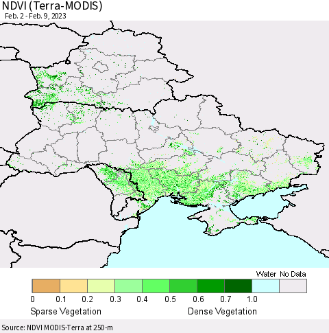 Ukraine, Moldova and Belarus NDVI (Terra-MODIS) Thematic Map For 2/2/2023 - 2/9/2023