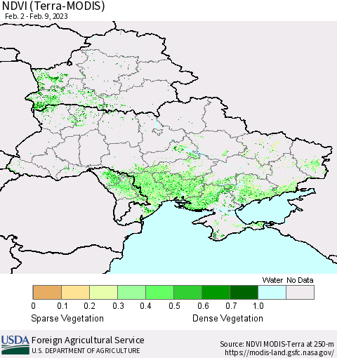 Ukraine, Moldova and Belarus NDVI (Terra-MODIS) Thematic Map For 2/1/2023 - 2/10/2023