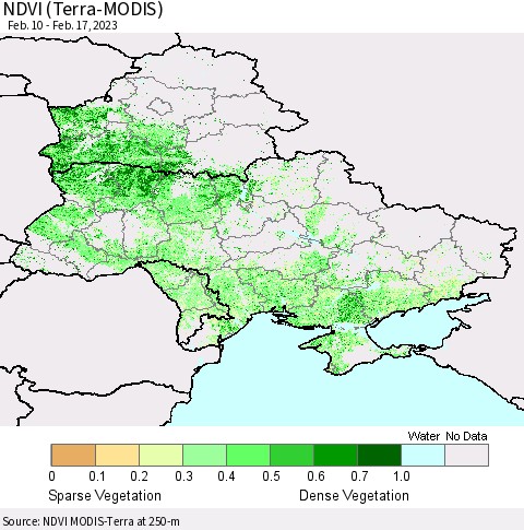 Ukraine, Moldova and Belarus NDVI (Terra-MODIS) Thematic Map For 2/10/2023 - 2/17/2023