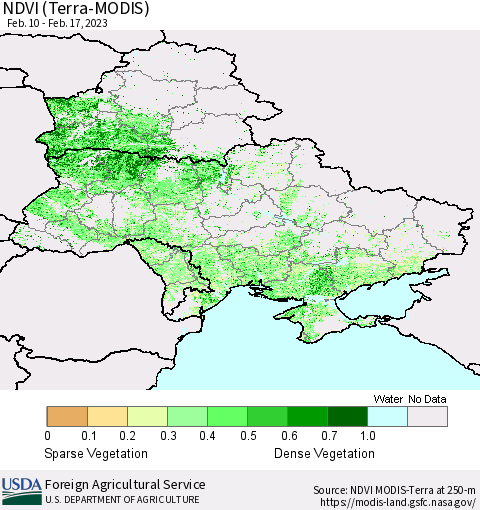 Ukraine, Moldova and Belarus NDVI (Terra-MODIS) Thematic Map For 2/11/2023 - 2/20/2023