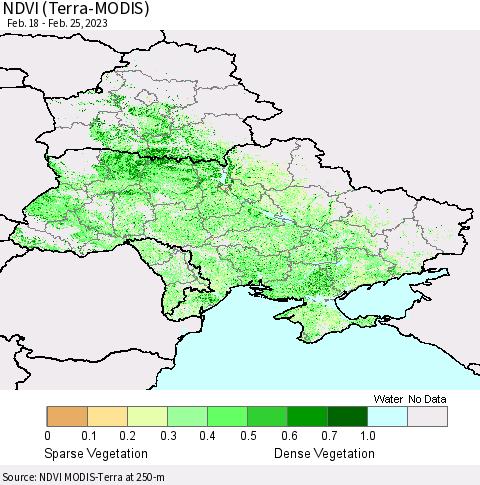 Ukraine, Moldova and Belarus NDVI (Terra-MODIS) Thematic Map For 2/18/2023 - 2/25/2023