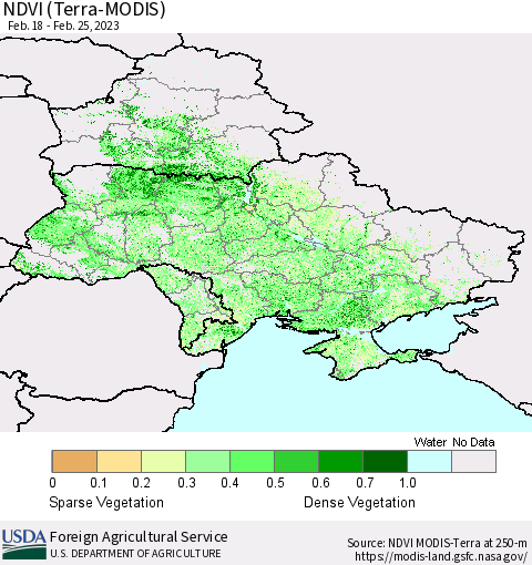 Ukraine, Moldova and Belarus NDVI (Terra-MODIS) Thematic Map For 2/21/2023 - 2/28/2023