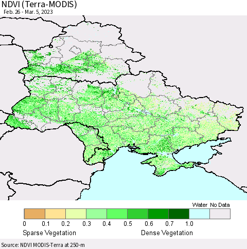 Ukraine, Moldova and Belarus NDVI (Terra-MODIS) Thematic Map For 2/26/2023 - 3/5/2023