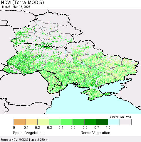 Ukraine, Moldova and Belarus NDVI (Terra-MODIS) Thematic Map For 3/6/2023 - 3/13/2023