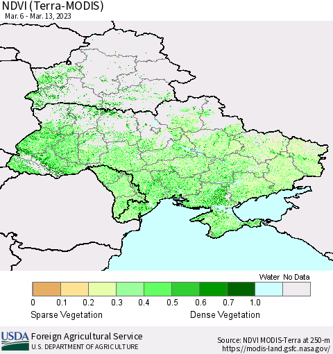 Ukraine, Moldova and Belarus NDVI (Terra-MODIS) Thematic Map For 3/11/2023 - 3/20/2023