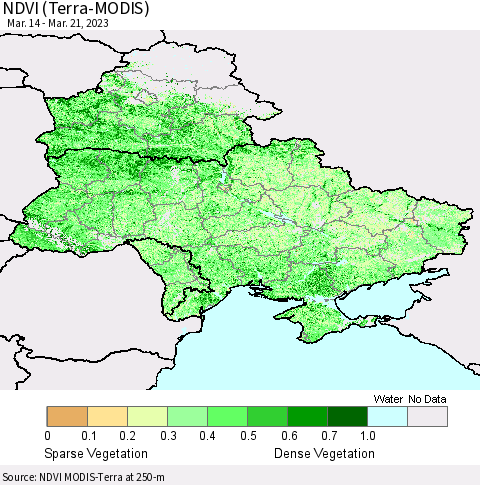 Ukraine, Moldova and Belarus NDVI (Terra-MODIS) Thematic Map For 3/14/2023 - 3/21/2023