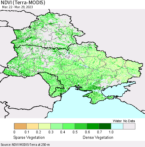Ukraine, Moldova and Belarus NDVI (Terra-MODIS) Thematic Map For 3/22/2023 - 3/29/2023