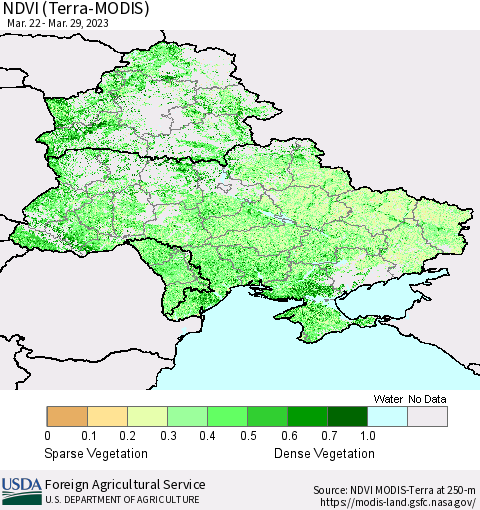 Ukraine, Moldova and Belarus NDVI (Terra-MODIS) Thematic Map For 3/21/2023 - 3/31/2023