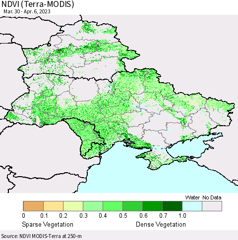 Ukraine, Moldova and Belarus NDVI (Terra-MODIS) Thematic Map For 3/30/2023 - 4/6/2023