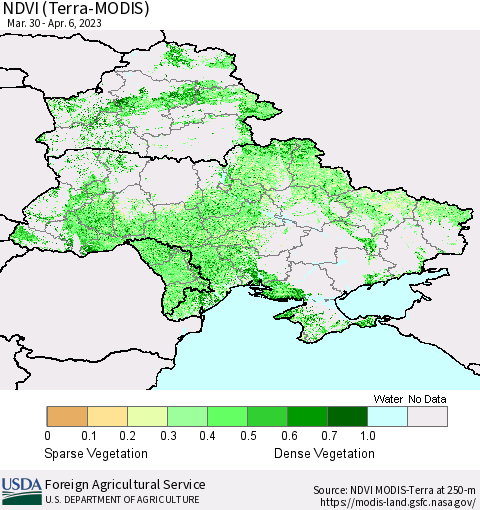 Ukraine, Moldova and Belarus NDVI (Terra-MODIS) Thematic Map For 4/1/2023 - 4/10/2023