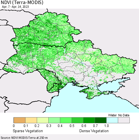 Ukraine, Moldova and Belarus NDVI (Terra-MODIS) Thematic Map For 4/7/2023 - 4/14/2023