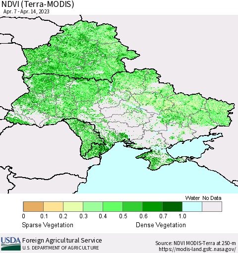 Ukraine, Moldova and Belarus NDVI (Terra-MODIS) Thematic Map For 4/11/2023 - 4/20/2023