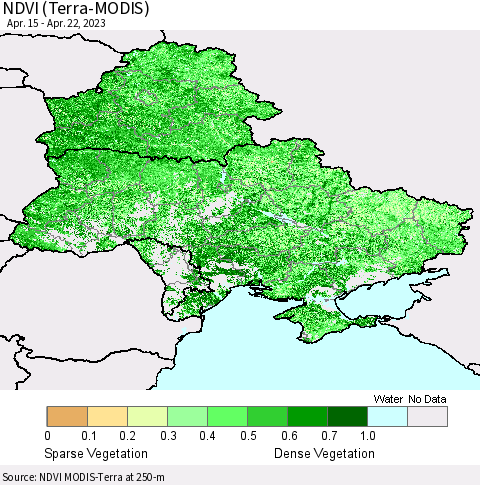 Ukraine, Moldova and Belarus NDVI (Terra-MODIS) Thematic Map For 4/15/2023 - 4/22/2023