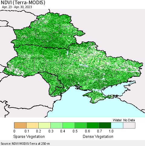 Ukraine, Moldova and Belarus NDVI (Terra-MODIS) Thematic Map For 4/21/2023 - 4/30/2023