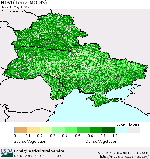 Ukraine, Moldova and Belarus NDVI (Terra-MODIS) Thematic Map For 5/1/2023 - 5/10/2023