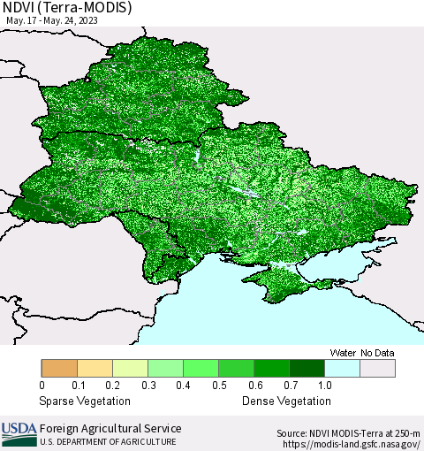 Ukraine, Moldova and Belarus NDVI (Terra-MODIS) Thematic Map For 5/21/2023 - 5/31/2023