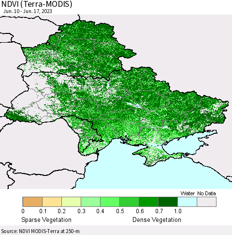 Ukraine, Moldova and Belarus NDVI (Terra-MODIS) Thematic Map For 6/10/2023 - 6/17/2023