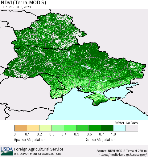 Ukraine, Moldova and Belarus NDVI (Terra-MODIS) Thematic Map For 7/1/2023 - 7/10/2023