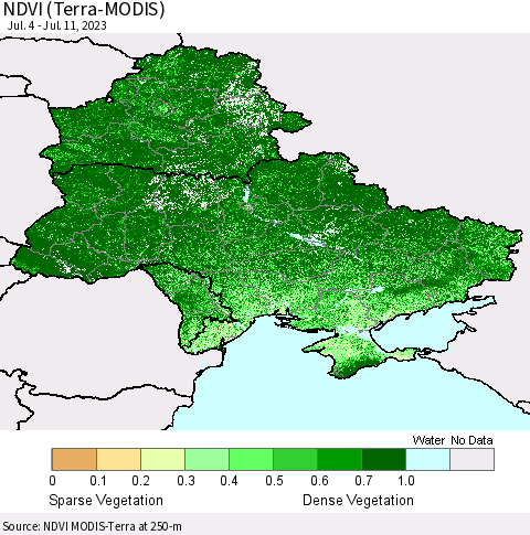 Ukraine, Moldova and Belarus NDVI (Terra-MODIS) Thematic Map For 7/4/2023 - 7/11/2023