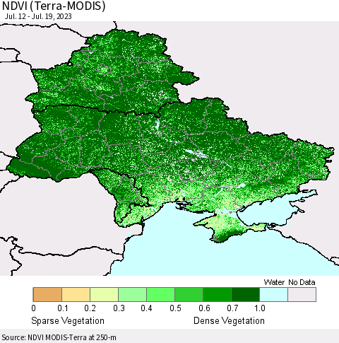 Ukraine, Moldova and Belarus NDVI (Terra-MODIS) Thematic Map For 7/12/2023 - 7/19/2023