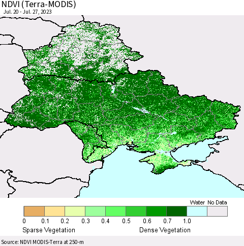 Ukraine, Moldova and Belarus NDVI (Terra-MODIS) Thematic Map For 7/20/2023 - 7/27/2023