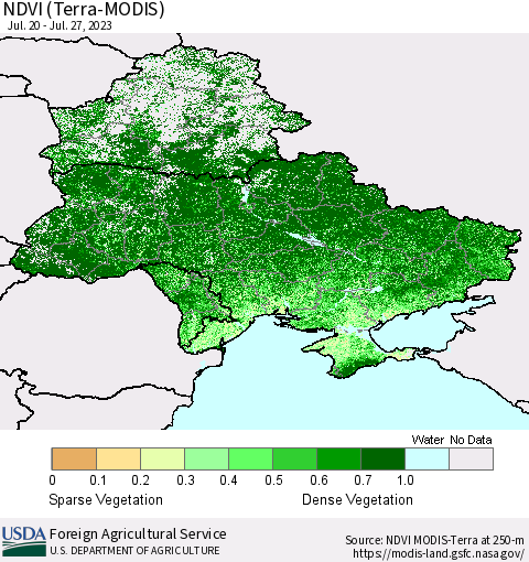 Ukraine, Moldova and Belarus NDVI (Terra-MODIS) Thematic Map For 7/21/2023 - 7/31/2023