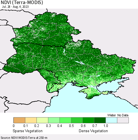 Ukraine, Moldova and Belarus NDVI (Terra-MODIS) Thematic Map For 7/28/2023 - 8/4/2023