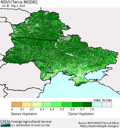 Ukraine, Moldova and Belarus NDVI (Terra-MODIS) Thematic Map For 8/1/2023 - 8/10/2023
