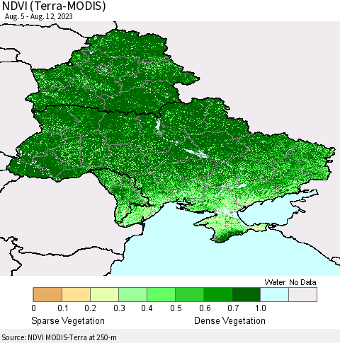 Ukraine, Moldova and Belarus NDVI (Terra-MODIS) Thematic Map For 8/5/2023 - 8/12/2023