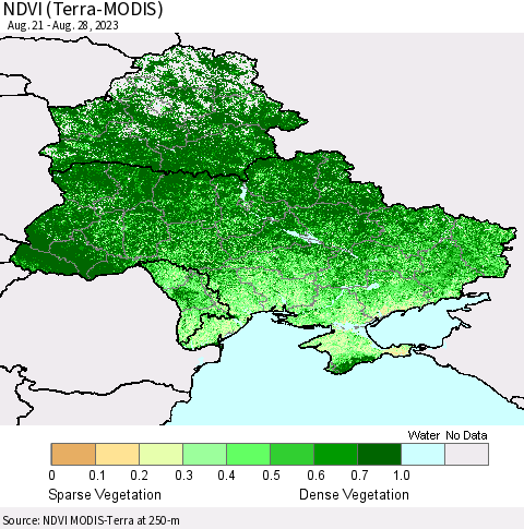 Ukraine, Moldova and Belarus NDVI (Terra-MODIS) Thematic Map For 8/21/2023 - 8/28/2023