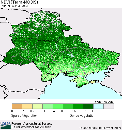 Ukraine, Moldova and Belarus NDVI (Terra-MODIS) Thematic Map For 8/21/2023 - 8/31/2023