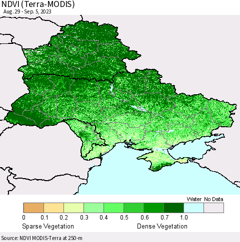 Ukraine, Moldova and Belarus NDVI (Terra-MODIS) Thematic Map For 8/29/2023 - 9/5/2023