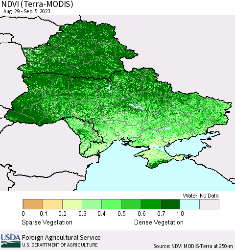 Ukraine, Moldova and Belarus NDVI (Terra-MODIS) Thematic Map For 9/1/2023 - 9/10/2023