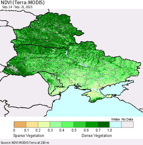 Ukraine, Moldova and Belarus NDVI (Terra-MODIS) Thematic Map For 9/14/2023 - 9/21/2023