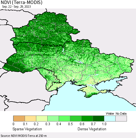 Ukraine, Moldova and Belarus NDVI (Terra-MODIS) Thematic Map For 9/22/2023 - 9/29/2023