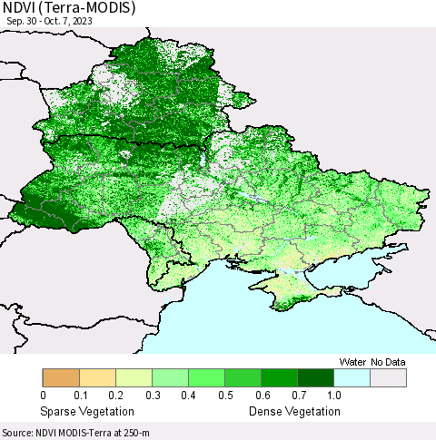 Ukraine, Moldova and Belarus NDVI (Terra-MODIS) Thematic Map For 9/30/2023 - 10/7/2023