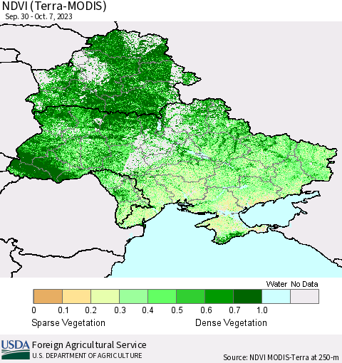 Ukraine, Moldova and Belarus NDVI (Terra-MODIS) Thematic Map For 10/1/2023 - 10/10/2023