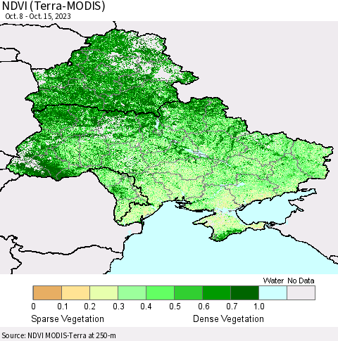 Ukraine, Moldova and Belarus NDVI (Terra-MODIS) Thematic Map For 10/8/2023 - 10/15/2023