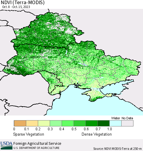 Ukraine, Moldova and Belarus NDVI (Terra-MODIS) Thematic Map For 10/11/2023 - 10/20/2023