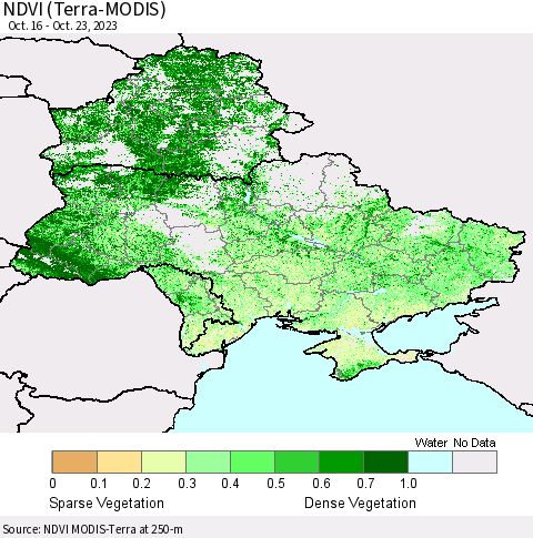 Ukraine, Moldova and Belarus NDVI (Terra-MODIS) Thematic Map For 10/16/2023 - 10/23/2023