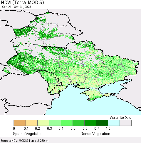 Ukraine, Moldova and Belarus NDVI (Terra-MODIS) Thematic Map For 10/21/2023 - 10/31/2023