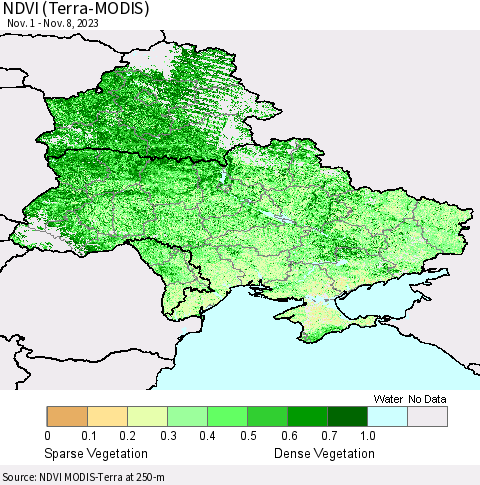 Ukraine, Moldova and Belarus NDVI (Terra-MODIS) Thematic Map For 11/1/2023 - 11/8/2023