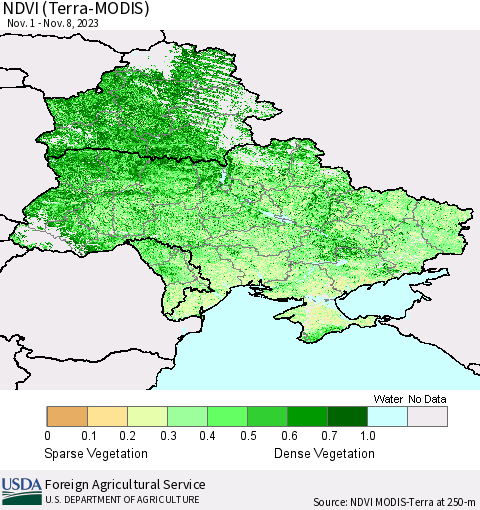 Ukraine, Moldova and Belarus NDVI (Terra-MODIS) Thematic Map For 11/1/2023 - 11/10/2023