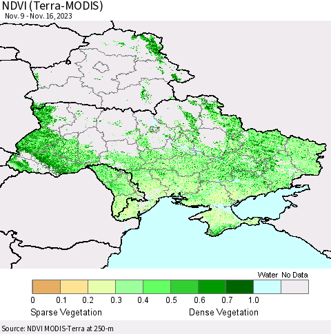 Ukraine, Moldova and Belarus NDVI (Terra-MODIS) Thematic Map For 11/9/2023 - 11/16/2023