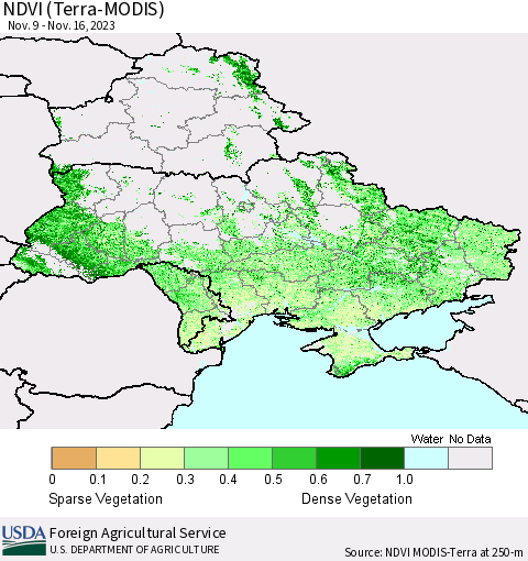 Ukraine, Moldova and Belarus NDVI (Terra-MODIS) Thematic Map For 11/11/2023 - 11/20/2023