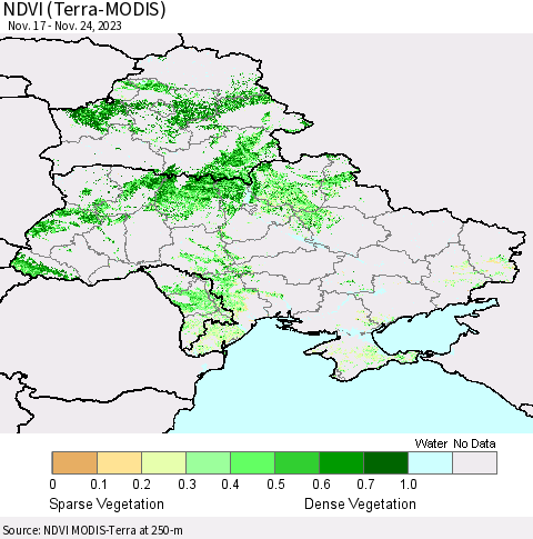 Ukraine, Moldova and Belarus NDVI (Terra-MODIS) Thematic Map For 11/17/2023 - 11/24/2023